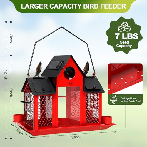 Solar Bird Feeders for Outdoors Hanging, Bird Houses for Outside | Red,Cardinal Bird feeder,Wild Metal Bird Feeder Squirrel Proof,7LBS Large Capacity with Water Cup,Gift for Bird Lovers - color: Red