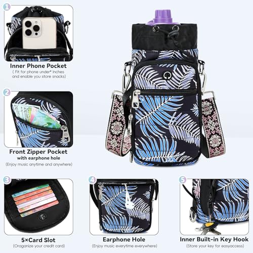 Water Bottle Carrier bag with Strap Phone Pocket for Walking, Hiking, Cycling - color: 11-Printed Black, size: 32oz-40oz