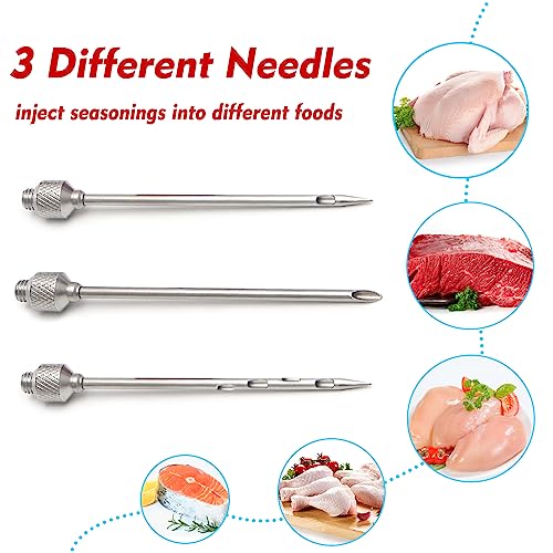 Meat Injector, 1-oz Plastic BBQ Marinade Injector Kit, Turkey Injector Syringe (3 Stainless Steel Meat Needles +3 Replacement O Rings + 1 Cleaning Brush) for Turkey Smoked BBQ Grill