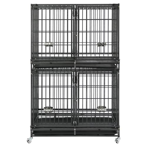 Homey Pet Taller 43" Dog Crate Cage Kennel Indoor with Divider, Two Tiers | Commercial Modular Dog Kennel with Dual Front Doors, Divider, Auto Locks, Removable Tray, Bowls for Small and Medium Dogs - size: 43"L - 2 Tiers