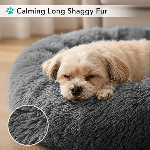 PetAmi Calming Donut Dog Bed, Washable Faux Fur, 23 Inch Small, Grey | Warm Shaggy Faux Fur and A Deep Nest Help Anxious Pets Curl Up and Sleep Soundly. Perfect for Puppies, Cats, and Rescues. - color: Gray, size: Small - 23"
