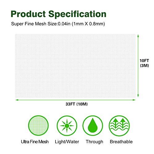 Garden Netting 10x33ft Ultra Fine Insect Netting Barrier Mesh for Plants | Netting for Garden Vegetables Fruits Flowers, Bird Netting Row Cover Raised Bed Protection Net, for Flying Insects & Bugs - size: 10'x33'