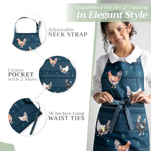 Maison d' Hermine Aprons for women with Pocket 100% Cotton (27.50"x31.50") | Adjustable Neck Strap & long ties Apron Men Chef Wedding Cooking Gardening Server Maid - color: 066 - Meadow Rooster