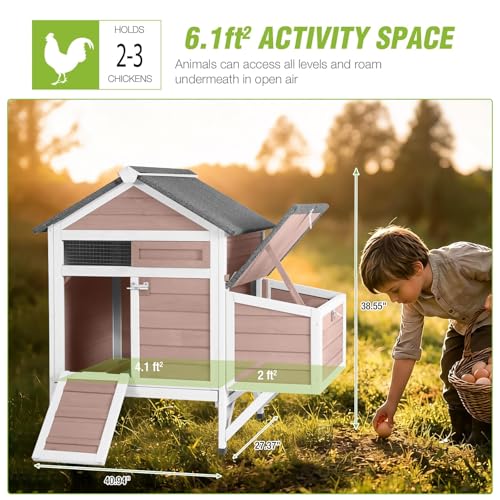 GUTINNEEN Chicken Coop Outdoor Weatherproof Duck House with Nesting Box, Perches, Metal Tray for 2-4 Chickens, Ducks, 40.94" L x 27.37" W x 38.55" H-Brown - color: (Brown)