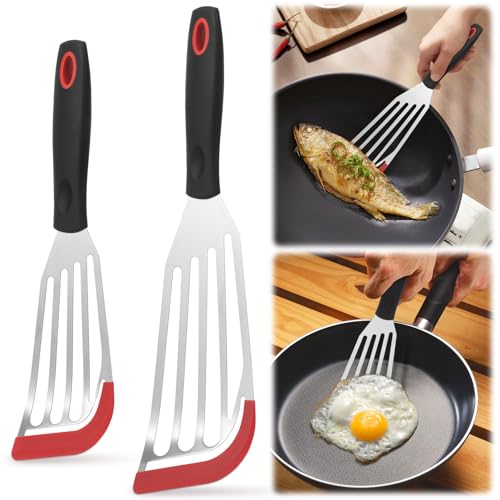2 Pcs Silicone Fish Spatula Heat Resistant Silicone Edge for Nonstick Cookware Fish Turner for Use Flexible and Thin Stainless Steel Cooking utensil Ideal Slotted Spatula for Egg Pancake