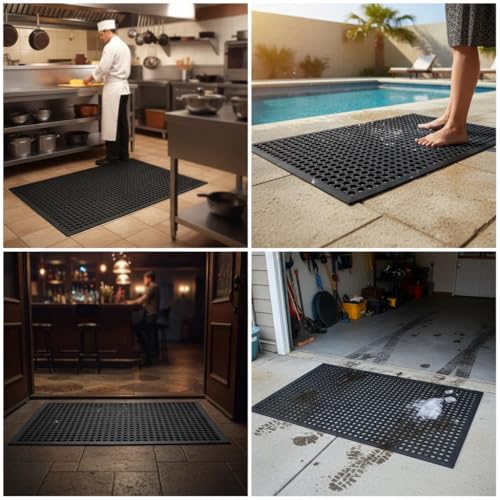 Lovinland Ourdoor Rubber Floor Mat for Outside Entrance 60"x35" | large heavy duty non-slip waterproof easy to clean drainage mat foot clean pad for pool,patio,wet,garage,front door