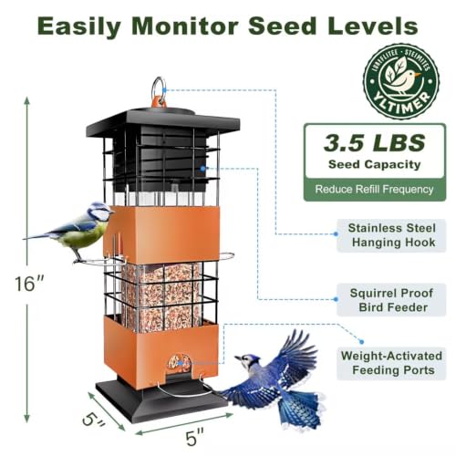 Squirrel Proof Bird Feeder,3.5Lb,4 Ports,Weight Activated,Easy Refill | Weight-Activated Shutoff Blocks Squirrels & Pigeons.Chew-Proof Build For All Weather.Large Capacity,Fast Refilling & Cleaning - color: Brown