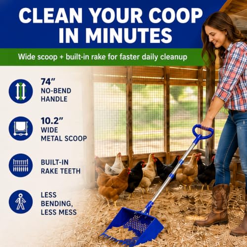 Chicken Poop Scooper with 74" Adjustable Handle – Heavy Duty Metal Chicken Coop Cleaner, 10.2" Wide Sifting Scoop with Built-in Rake & Hook for Sand, Pine Shavings & Manure