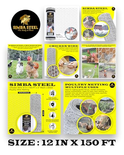 Chicken Wire 12 in x 150 FT x 2” Mesh x 20GA | Poultry Wire Netting | Hot Dipped Galvanised | Hexagonal Galvanized Mesh for Chicken Coop, Rabbit Cage, Fence Barrier PM12x150x2 - style: 12 in x 150 FT x 2 in