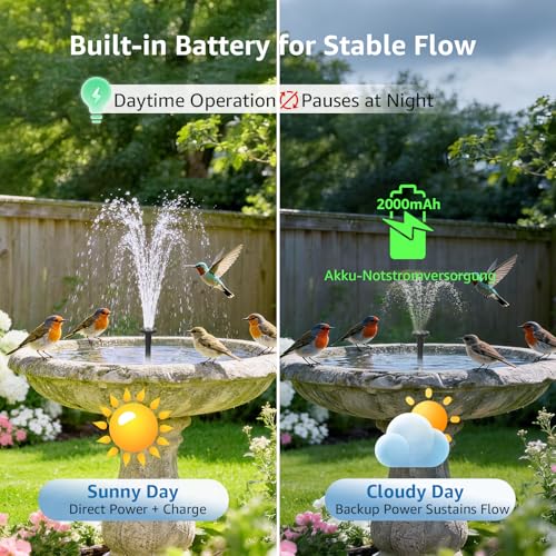 Solar Bird Bath Fountain Pump, 4W Solar Water Pump with 2000mAh Battery Backup, 5 Spray Modes & 4Ft PVC Tubing, Solar Powered Fountain for Bird Bath, Garden Pond and Outdoor Water Feature - size: 4W with battery backup