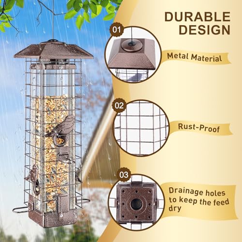 Squirrel Proof Bird Feeder for Outdoors Hanging, Metal 3LB Feeder | Weight activated gravity protection metal feeder with 4 ports for wild birds, chew proof hanging birdfeeder for cardinals
