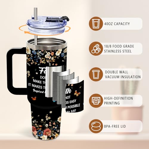 DUUV Faith Tumbler 40oz, Insulated Christian Gift for Women | Inspirational Floral Tumbler Leakproof, Religious Gifts for Women, Spiritual Bible Verse Mug, Mothers Day Ideal Gift, 1 Pack - color: Faith Black