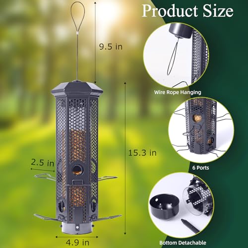 Squirrel Proof Bird Feeders with Removable Base, Metal Wild Bird Feeder for Outdoors Hanging, 6 Weight-Activated Ports Perches, 3LB Seed Capacity(Gray) - color: Gray