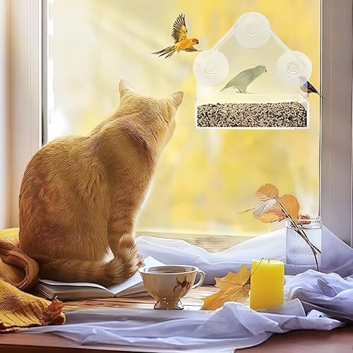 2 Pack Window Bird Feeder for Outdoors Clear Feeders Window Mounted with Strong Suction Cups Fummingbird Feeder Acrylic Birdfeeders for Viewing Wild Birds Outside, Interactive Cat Toys