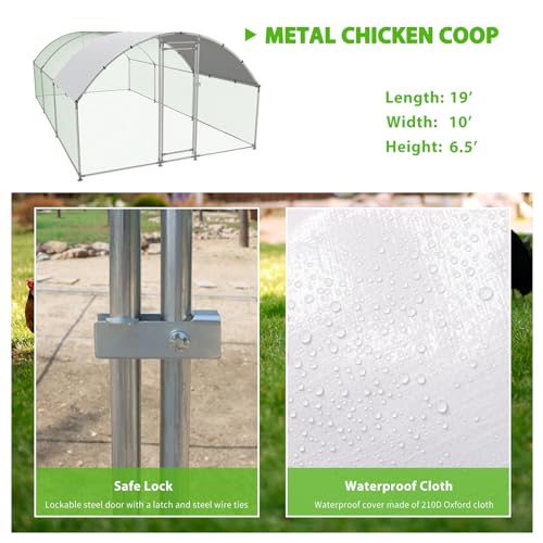 NUGRIART Large Metal Chicken Coop Walk-in Poultry Cage with Water-Resident and Anti-UV Cover Duck Rabbit Cat House Outdoor Chicken Run Pen with Round Roof - size: 19’L×10’W×6.5’H