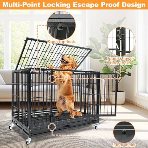 Homey Pet Heavy Duty Dog Crate for Large Dogs, Indestructible Kennel | 47 Inch Stackable Large Dog Cage with Lockable Wheels, Removable Tray & Grid, Multi Locks Strong & Solid Escape Proof - size: 46.5"L x 28.5"W x 35"H