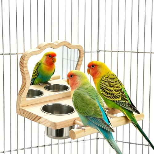 Parrot Bird Perch with Mirror and Stainless Steel Feeding Cups | Bird Perch Platform Toy，Wooden Play & Exercise Gym Stand, Cage Accessory for Cockatoos,Lovebirds,Budgies,Pacific Parrotlets A - color: C
