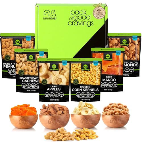 NUT CRAVINGS - Dried Fruit & Mixed Nuts Basket (6 Assortments of 4 oz) | in Green Box Food Arrangement 1.5 lb, Healthy Snack Care Package, Kosher - style: Variety Bags (6 Assortment)