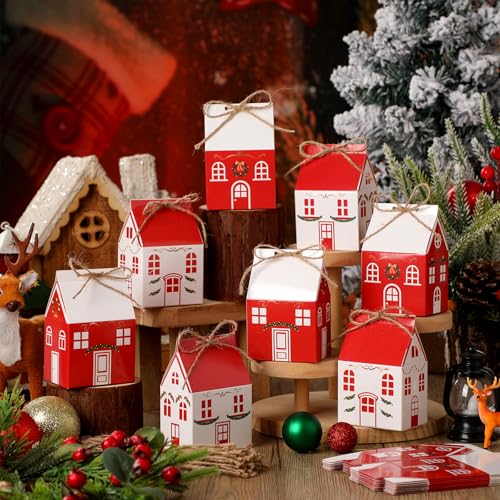 Zhanmai 48 Pcs Christmas Treat Boxes Candy Red Village Vintage Mini Gingerbread House Favor Box Christmas Party Paperboard Gift Boxes for Xmas Holiday Party Treat Cookie Goodie Snack Gift Packaging - style: Candy House