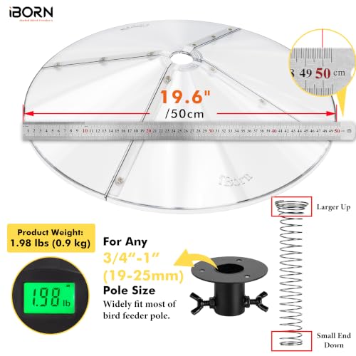 iBorn Spring Squirrel Baffle for Bird Feeder Pole, 19.6” Oversized Spring Squirrel Guard Defender, Bird Feeder for Outdoors Protector, Metal Spring & Buckle, Polycarbonate(PC) Baffle, Pack of 1,Clear