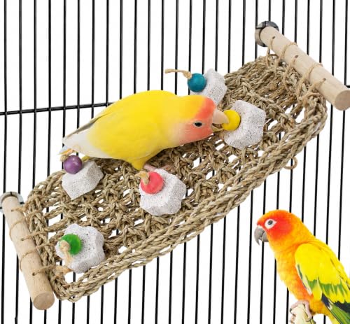 FlidRunest Conure Seagrass Mat with Grinding Calcium Stone Chewing Toy | Parrot Beak Grinding Stone and Seagrass Ladder Bridge Stands, Hand-Woven Net Climbing Net for Budgie Parakeet - size: B(With Calcium Stone)