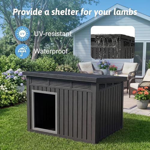 DRATO Goat House, Weather Resistant Resin Dog Houses with Sloped Roof & Louvered Ventilation, Outdoor Small Animal Shelter for Goats and Pets, Easy Assemble, Black - color: Black, size: 32.2*25.12*24.13