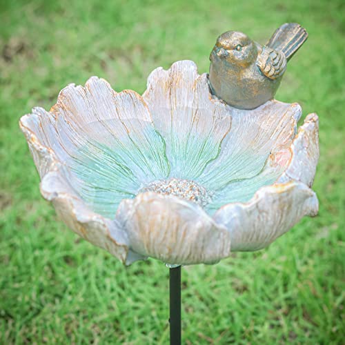 Bird Baths for Outdoor, Resin Garden Flower Birdbath Bowl Yard Decor | Antique Bird Water Bowl with Metal Stake, Tabletop Flower Bird Baths and Bird Feeder Attracts Birds for Outside Yard Decor - color: Copper