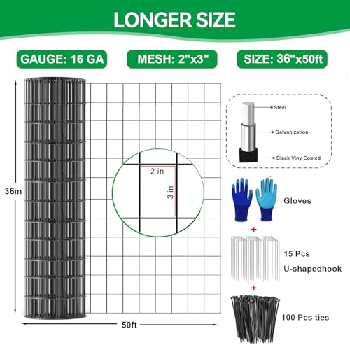 Welded Wire Fence 36inch x 50ft, 2inch x 3inch Black Chicken Wire Fencing, 16Gauge PVC Coated Garden Wire Fence Rolls, Anti-Rust Metal Fencing for Yard Plant Protection Poultry Netting - size: 3ft x 50ft