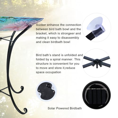 MUMTOP Glass Bird Bath Solar Birdbath with Metal Stand Garden Flower Decor | 18" Diameter 21.65" Height Outdoor Bird Baths for Lawn Yard Decor, Solar Large Birdbath Hummingbirds Bird Feeder - color: Hummingbirds