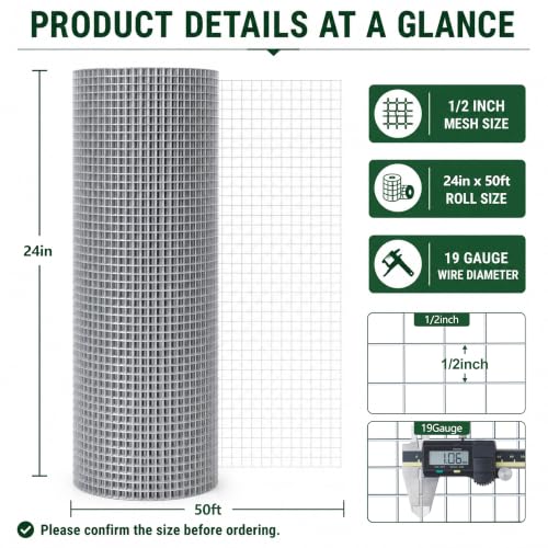 Hardware Cloth 1/2in 24inx50ft Hot Dip Galvanized 19 Gauge Chicken Wire Fencing Roll Poultry Animal Netting Cage Screen Chicken Coop Accessories Garden Plant Supports - size: 1/2'' 24'' X 50'