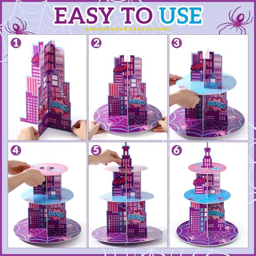 3 Tier Spider Cupcake Stand Decoration Pink Spider Web Cupcake Tower Purple Blue Spiderweb Table Decoration Cityscape Dessert Holder Table Display for Birthday Party Baby Shower Supplies - style: Faddish