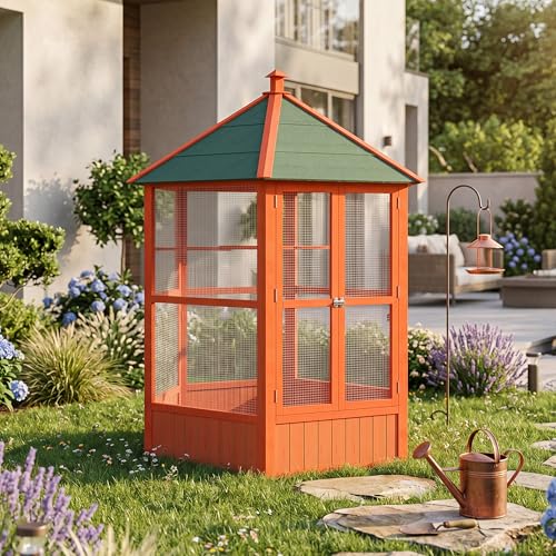 PawHut 44" Hexagon Covered Canopy Bird Cage with Stand Orange | Portable Aviary Flight Cage for Cockatiels, Conures, Lovebirds, Budgies & Small Birds