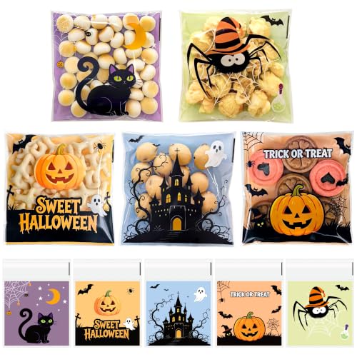 Halloween Self Sealing Cookie Bags - 100Pcs 4x4 Inch Clear Halloween Cellophane Treat Bags for Candy, Cookies, Party Favors & Gift Packaging, Plastic Halloween Goodie Bags for Kids Classroom Exchange - color: Halloween 100pcs