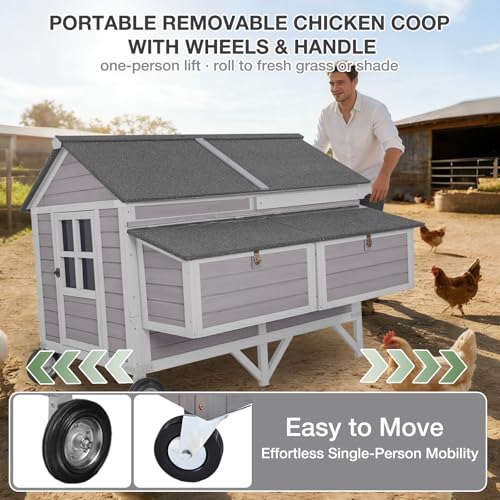 GUTINNEEN 68" Chicken Coop for 8-12 Chickens with Large Wheels, Mobile Wooden Hen House with 4 Nesting Boxes, 4 Perches, Pull-Out Trays, Outdoor Backyard Poultry Cage - size: 68.1"L x 53.9"W x 49.0"H