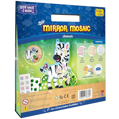 Imagimake Mirror Mosaic - Animals, 5 Templates, 450+ Stickers | Mess-Free Craft Activity, Screen-Free Creative Art Kit for Kids, Birthday Gift for Boys & Girls Ages 3,4,5,6,7 Years Old - style: 7. Animals