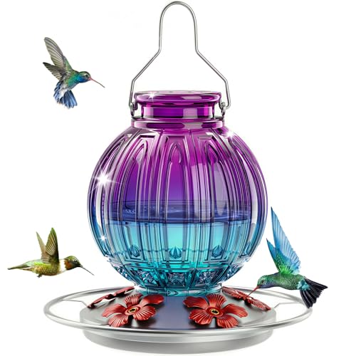 Glass Hummingbird Feeder for Outdoors Hanging, 26 fl oz Bird Nectar Feeder | 5 Metal Flower Feeding Ports, 360° Perch Ring, Easy Refill Clean, Leakproof, Ideal for Backyard Garden Decor, Purple & Blue - color: Purple-Blue Gradient