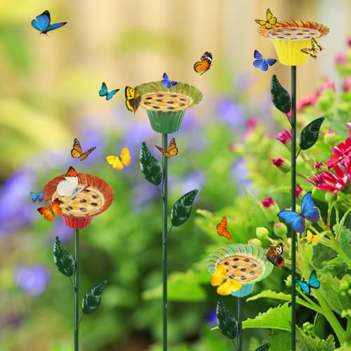 DREAMSOUL 4 Pack Metal Flower Bird Bath with Bee Watering Station | Shallow Basins Welcome Birds Bees and Butterflies Safely, Multifunctional Metal Tray, Weatherproof for Garden Use - size: 4PCS-E