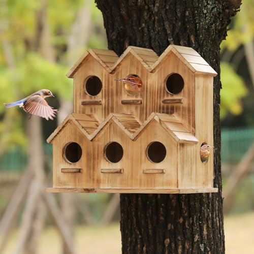 Wooden Bird Houses for Outside, 8 Room Hanging Birdhouse, Large Bird House for Bluebird Finch Cardinals, Decorative Outdoor Bird Nesting Box