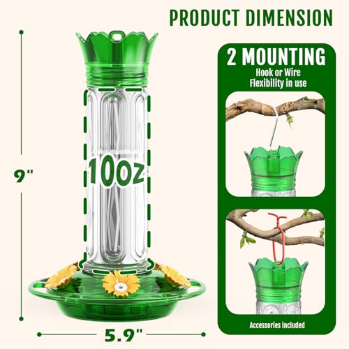 Birdream 10oz Hummingbird Feeders for Outdoors, Plastic Hummingbird Feeder with 5 Bee Guard Feeding Ports & Cleaning Brush, Gift Box Design, Leak Proof, Built-in Ant Moat, Green - color: Green, size: 1 Pack