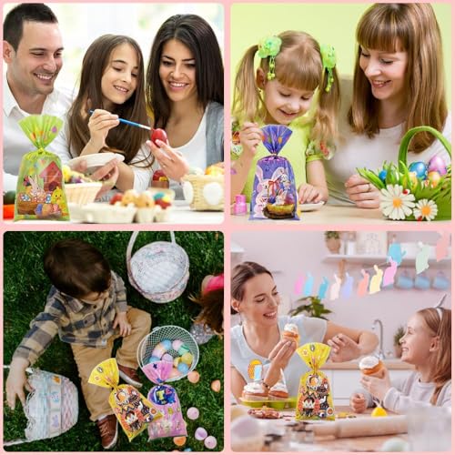 Lhocm 50 Pcs Easter Cellophane Treat Bags - 5 x 11 in Clear Candy Bags with 60 Gold Twist Ties for Kids - 2.8 Mil Thick Happy Easter Goodie Bags for Cookies, Snacks, Party Favors & Gift Packaging - color: Easter 50pcs
