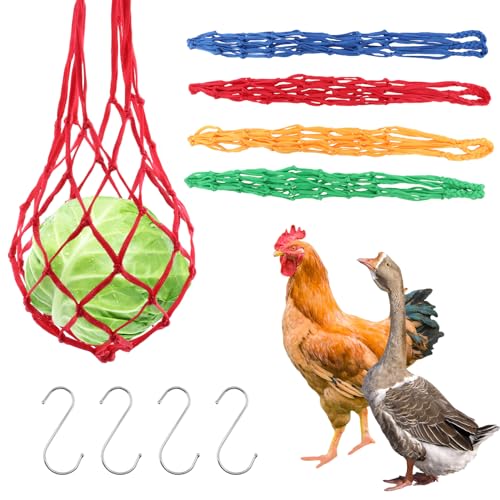 4pcs Chicken Vegetable Hanging Feeder Polyester Chicken Vegetable String Bag with Metal Hooks in Coop Veggies Holder Feeding for Poultry, Hens, Duck(4 Colors)