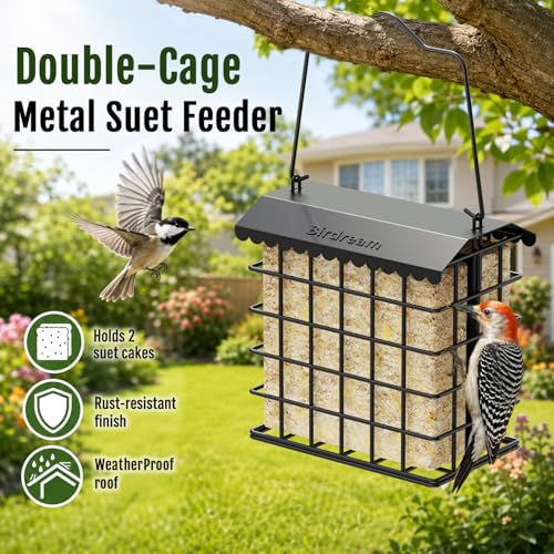 Birdream Double Suet Bird Feeders for Outdoors, All Metal Bird Suet Cakes Cage Holder with Weatherproof Roof, Easy to Refill & Clean, Attract Woodpeckers, Chickadees, Nuthatches, Black