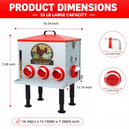 55LB Automatic Chicken Feeder Large for Chickens, Ducks and Poultry | Large Poultry Feeder, with 8 Feeding Ports, Viewing Window, Rainproof Lid, Adjustable Legs & Locking Cover