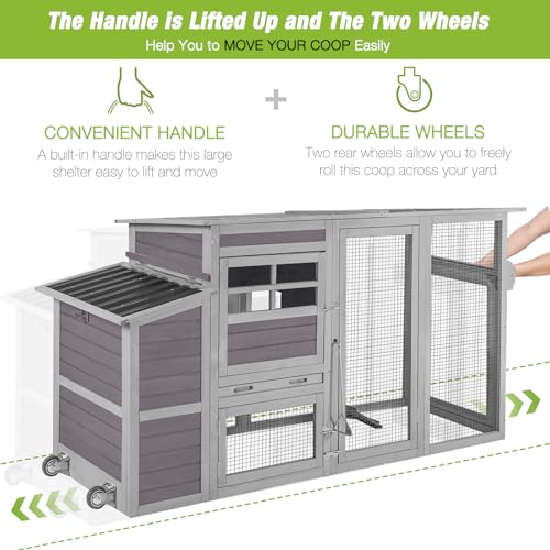 GUTINNEEN Chicken Coop with Wheels Portable Hen House for 4-6 Chickens with Large Run, Nesting Box, Metal Tray, 74.9" - size: 80.7"L x 26.0"W x 44.5"H