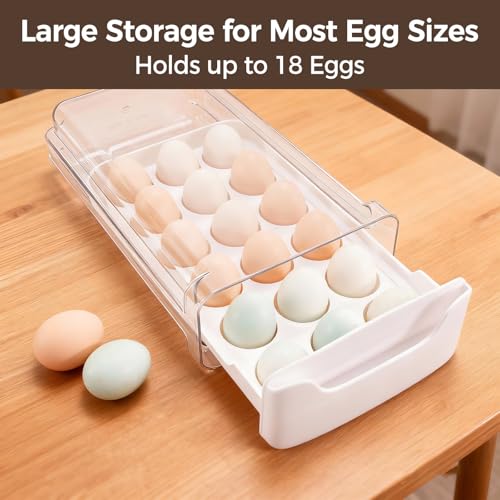 Egg-Holder for Fridge, Fits Small to Large Eggs, White | 18 Egg-Storage for Refrigerator Countertop, 1 Tier Dispenser with Drawer, Stackable Clear Egg Tray Container - size: 1 Tier-White