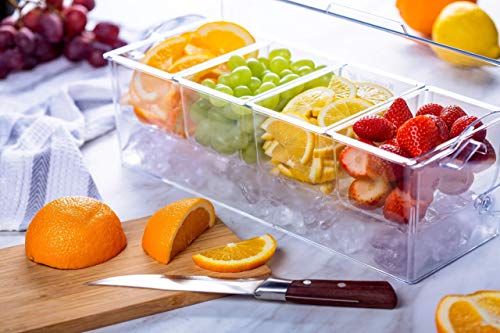 Pikanty Chilled Condiment Server Caddy with Ice Base - 4 Compartments and 4 Serving Tongs Included, Mimosa Bar, Taco Bar, Garnish Tray for Parties, Weddings, BBQs, Dishwasher Safe, Made in USA - style: Condiment Server Caddy on Ice