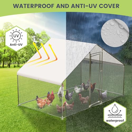 Large Metal Chicken Coop, Large Chicken Run, Walk-in Poultry Cage with Waterproof and Anti-UV Cover for Outdoor Yard Farm Use (9.8' L x 6.5' W x 6.6' H)