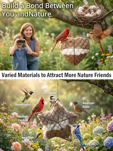 2-Pack Heart & Star Shaped Alpaca Fiber Bird Nesting Holder, Refillable Nesting Material for Wild Birds & Hummingbirds, Outdoor Garden Decor & Bird Lover Gift - color: heart+star