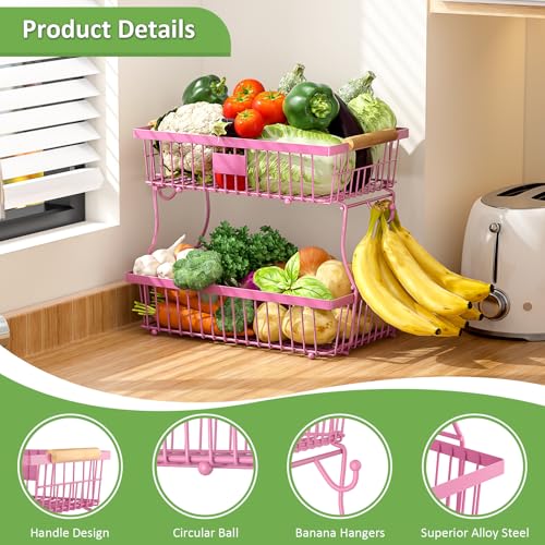 2 Tier Fruit Basket for Kitchen Counter with 2 Banana Hangers, Countertop Metal Fruit Bowl with Wooden Handle, Large Storage Stand for Vegetables, Snacks, Breads, Produce Storage – Rose Pink - color: Rose Pink, size: 2 Tier