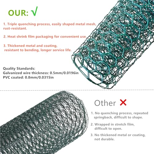 Chicken Wire for Floral Arrangements, Easy to Shape, 15.7 x 87 Inches | Upgraded Green PVC Coated Lightweight Galvanized Hexagonal Chicken Wire mesh, Floral Chicken Wire for Craft, Poultry, Garden